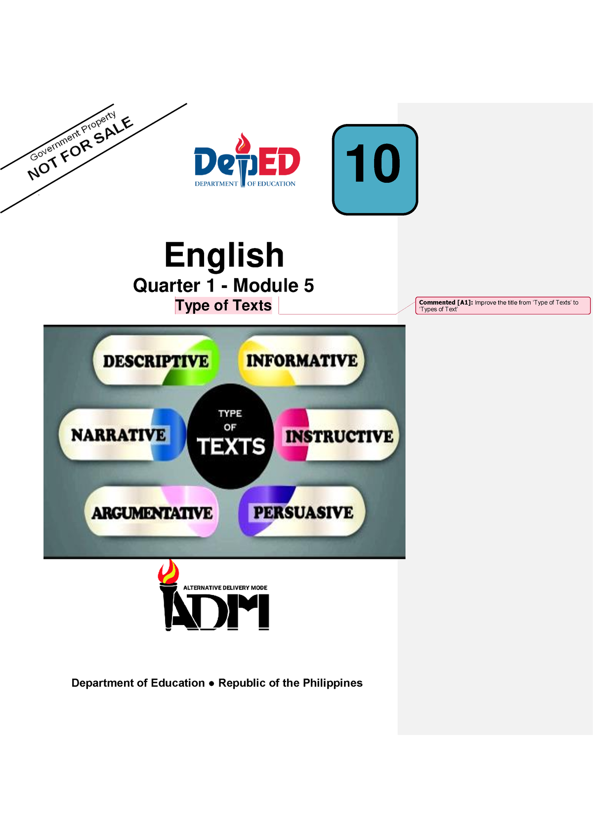 Eng10 Q1 Mod5 Types Of Text V3 Not English Quarter 1 Module 5 Type Of Texts Department Of 8907