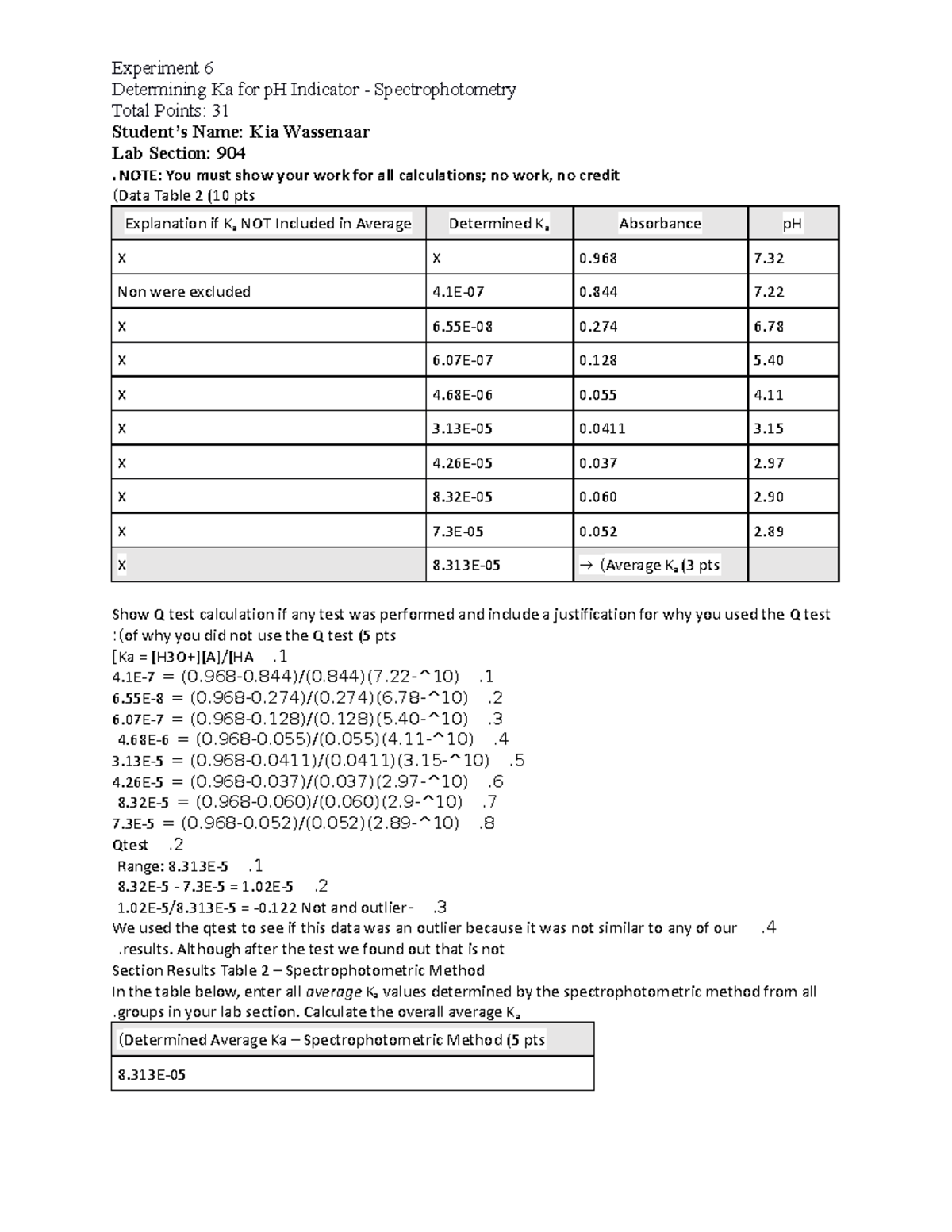 CHEM 110 L Experiment 6 Determining Ka for p H Indicator