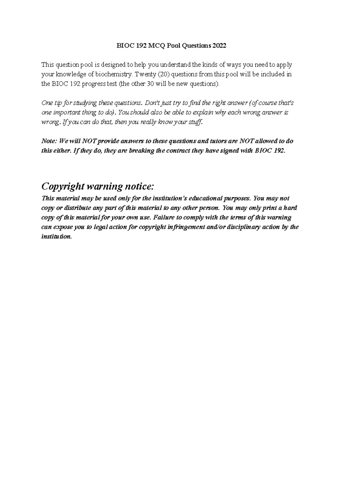 BIOC 192 ' MCQ Pool Questions 2022 student version - BIOC 192 MCQ Pool ...
