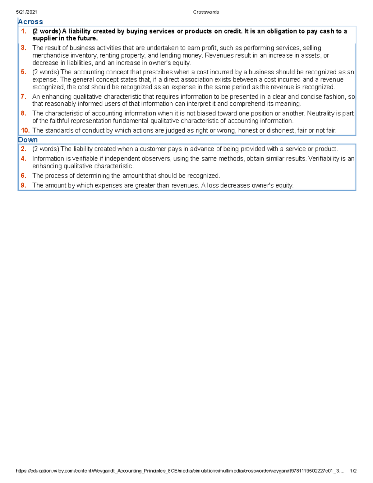 Crosswords Puzzle in accounting 1 Accountancy CLSU Studocu