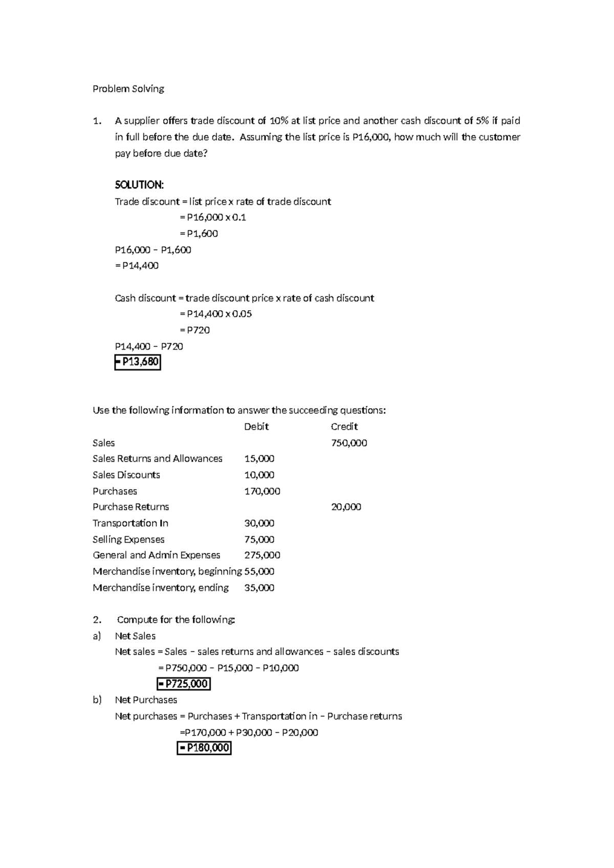 Problem Solving Seatwork- Merchandising Business ( Emping) - Problem ...