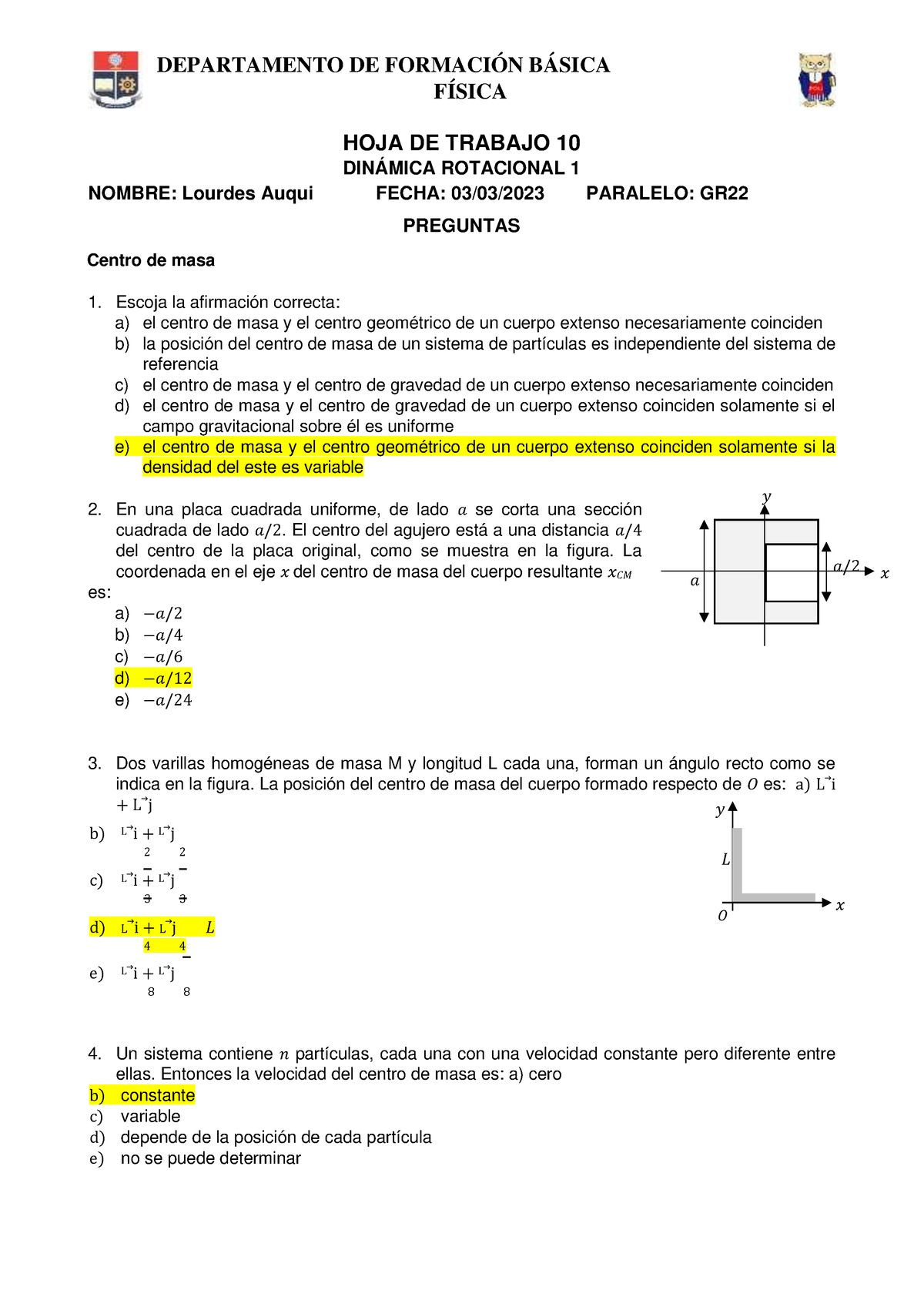 Hoja De Trabajo 10 - Dinámica Rotacional 1 Deber - FÍSICA HOJA DE ...