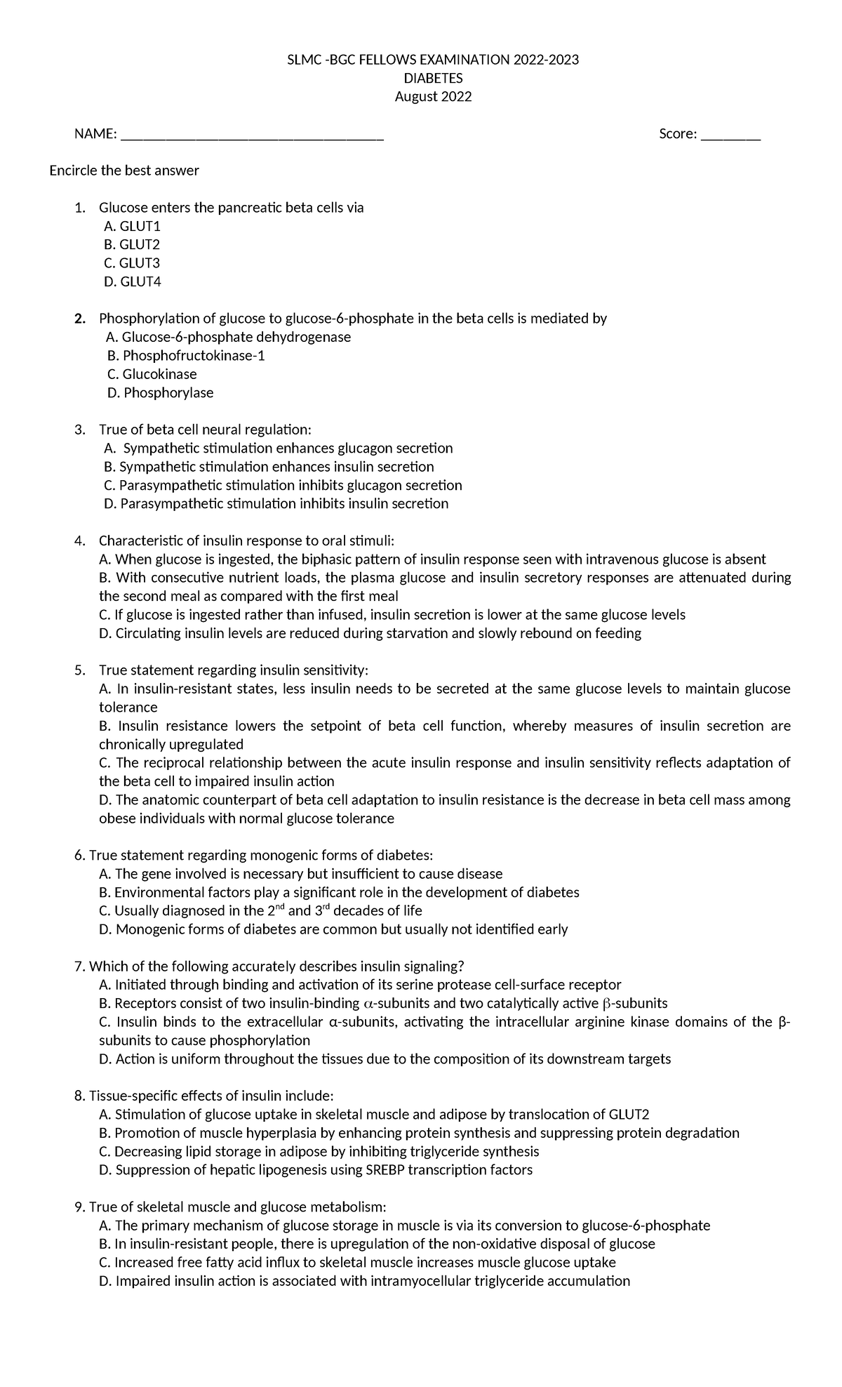 Diabetes Exams 2022-2023 with Answer key - SLMC -BGC FELLOWS ...