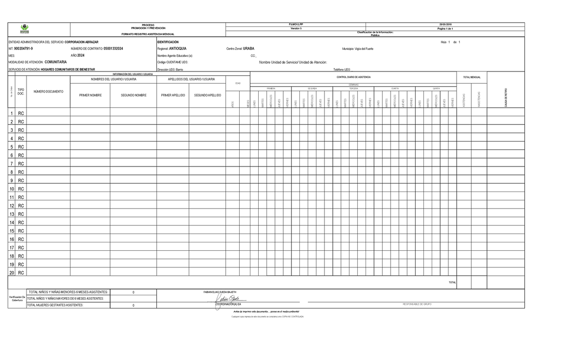 Formato RAM - ENTIDAD ADMINISTRADORA DEL SERVICIO: CORPORACION ABRAZAR ...