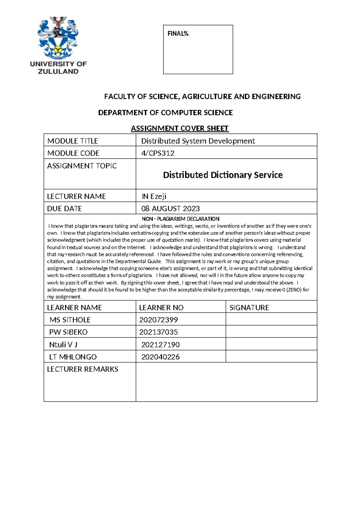 Distributed assignment - FACULTY OF SCIENCE, AGRICULTURE AND ...