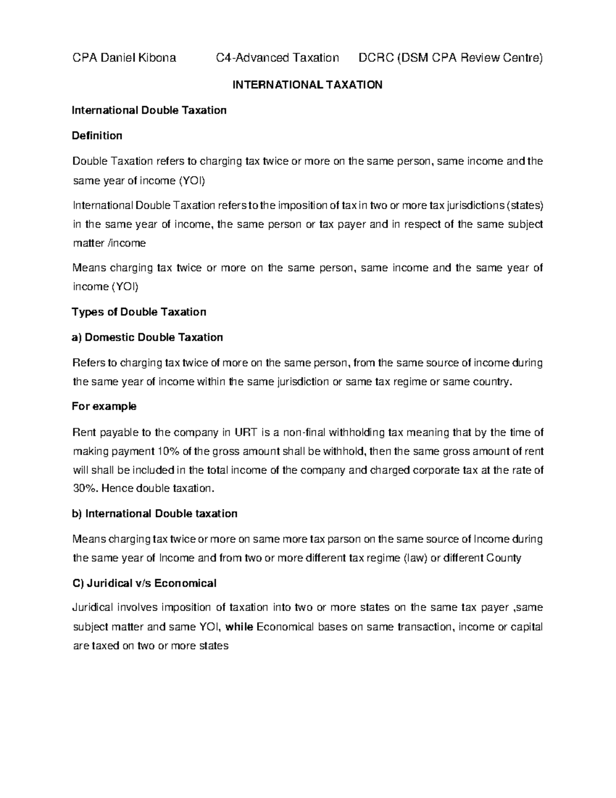 International Double Taxation - For example Rent payable to the company ...
