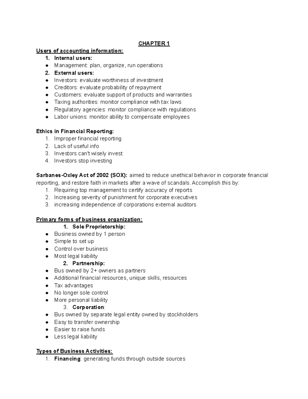 ACC 100 Notes Exam 1 - CHAPTER 1 Users of accounting information: 1 ...