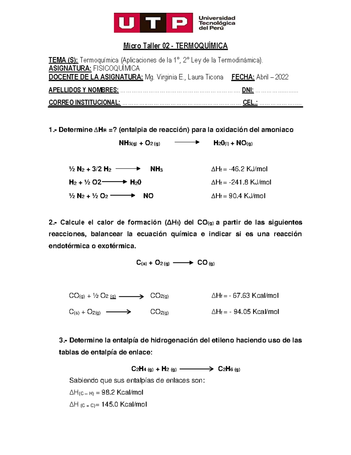 Microtaller 2 - Termoquímica - Micro Taller 02 - TERMOQUÍMICA TEMA (S ...
