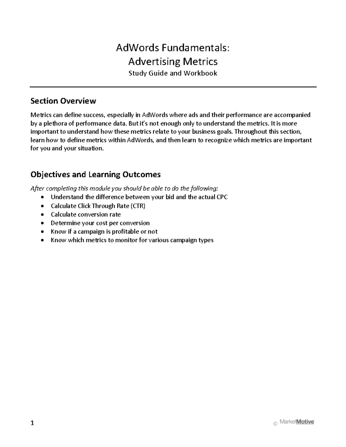 Ad Words Fundamentals - Advertising Metrics - Study Guide and Workbook ...