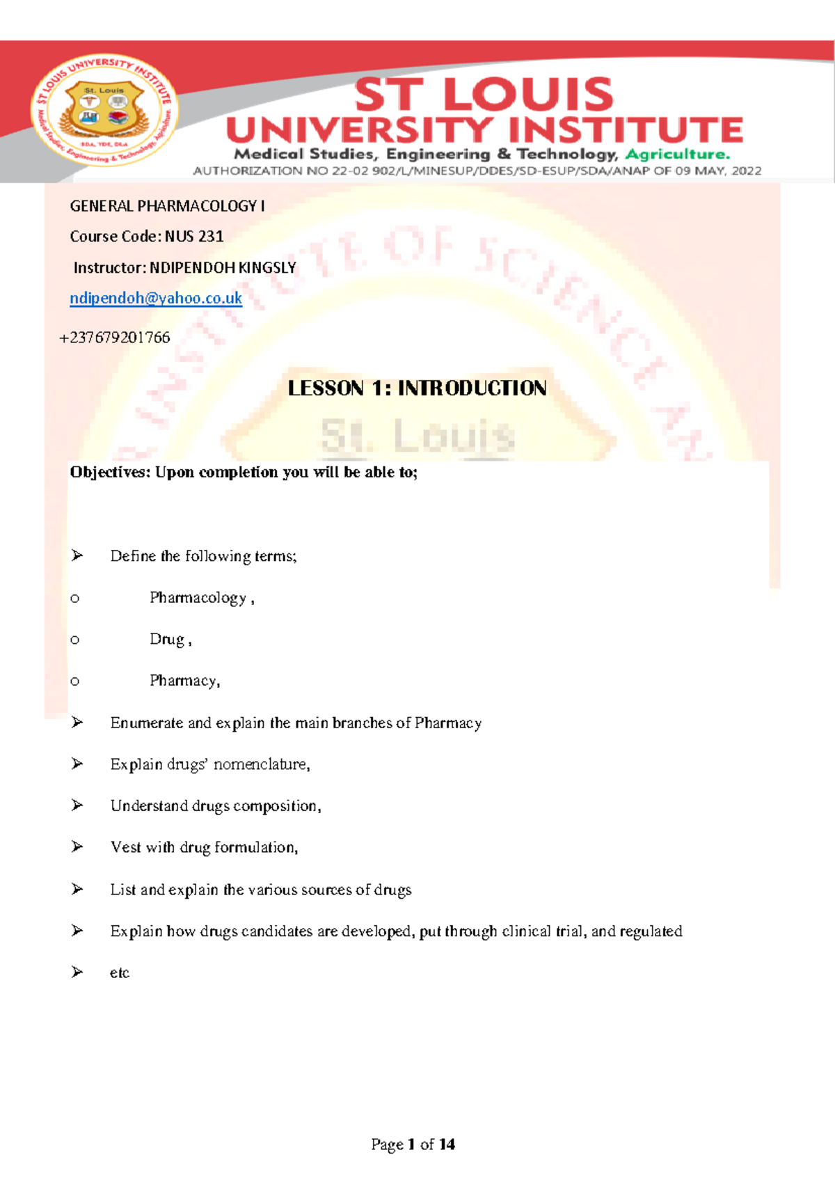 Lesson 1 Notes General Pharmacoloy General Pharmacology I Course Code