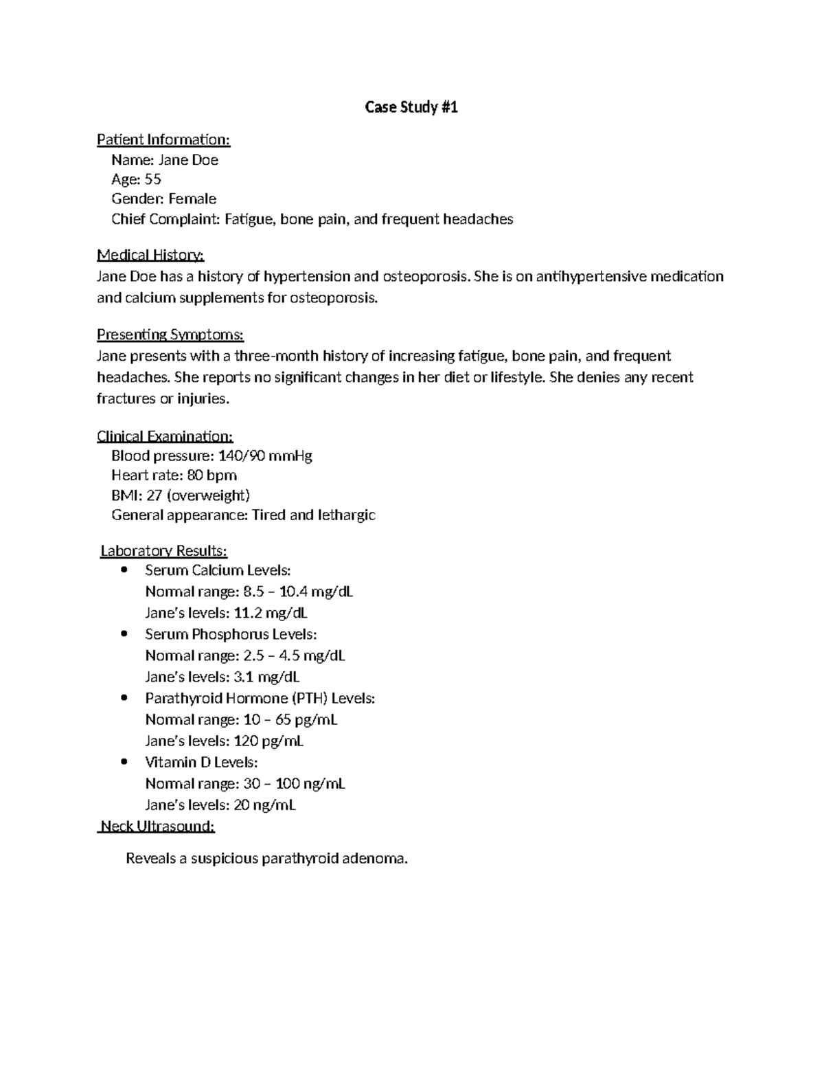 Case studies chem 1-3 - Case Study Patient Information: Name: Jane Doe ...