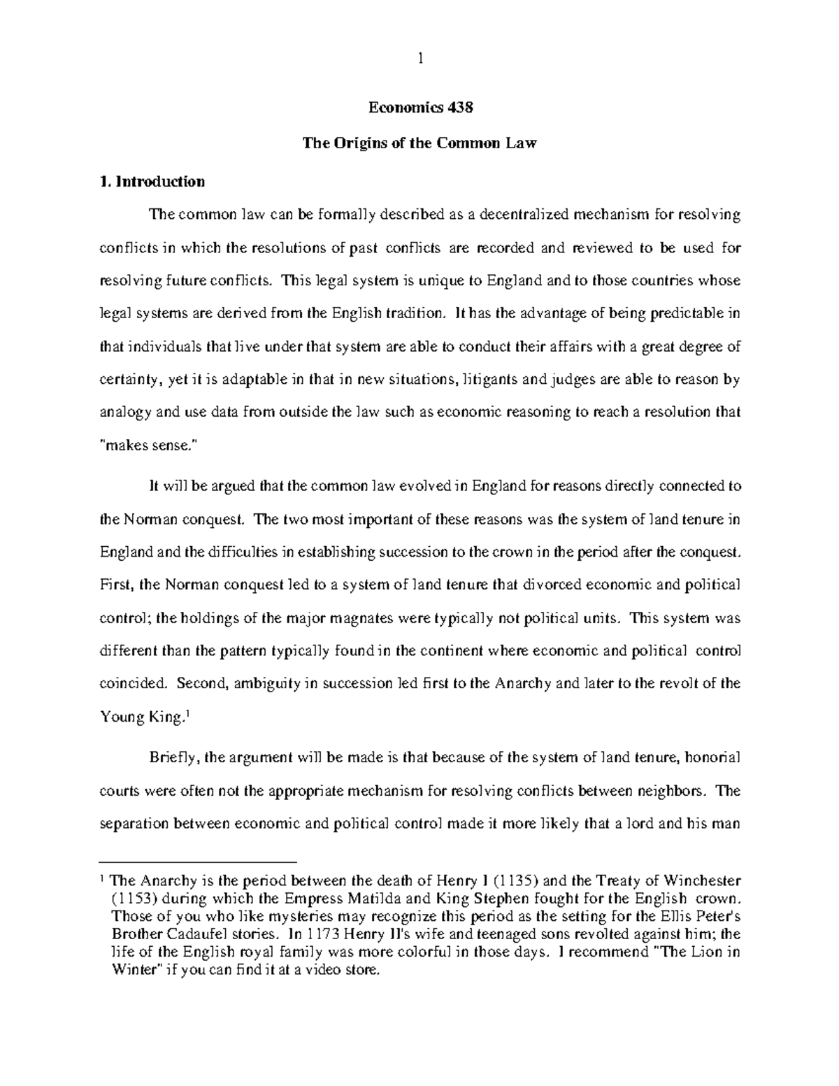 HO2 - law and economics materials - Economics 438 The Origins of the ...
