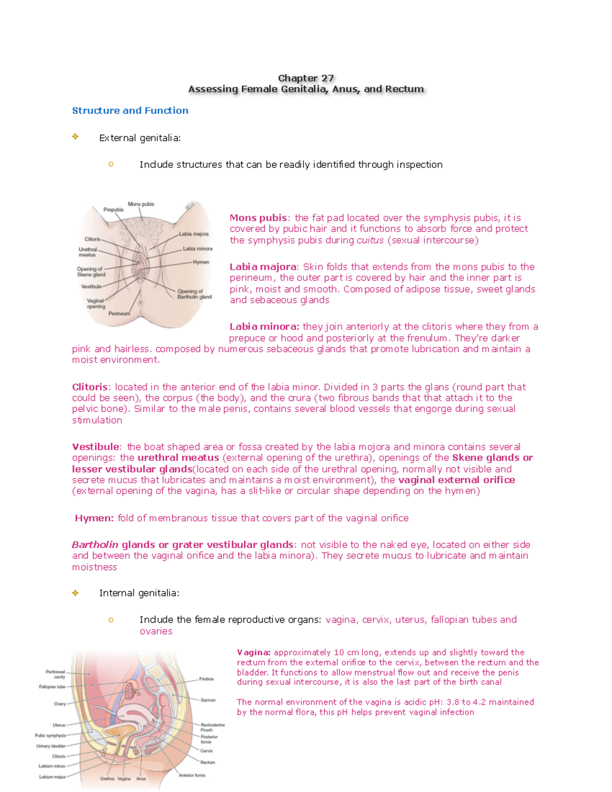 Chapter 27 Study guide PDF - Chapter 27 Assessing Female Genitalia, Anus,  and Rectum Structure and - Studocu