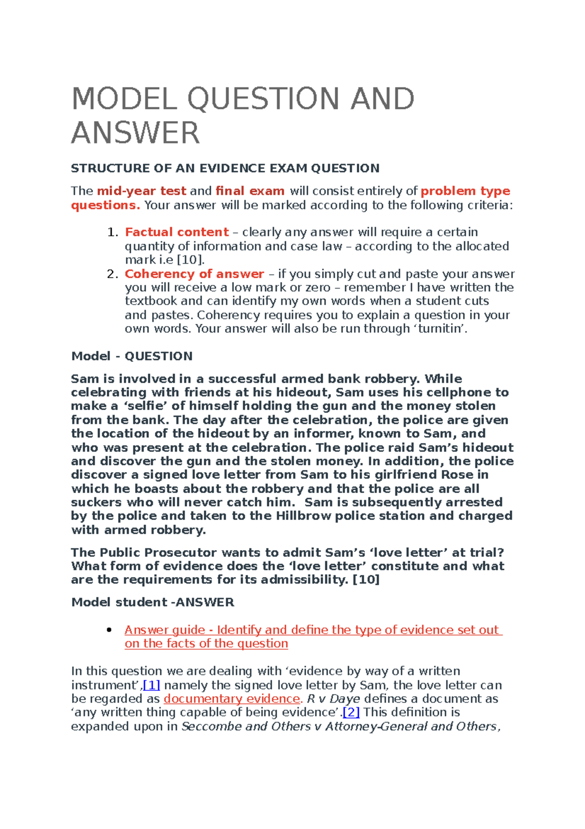 Evidence Model Question and Answer MODEL QUESTION AND ANSWER