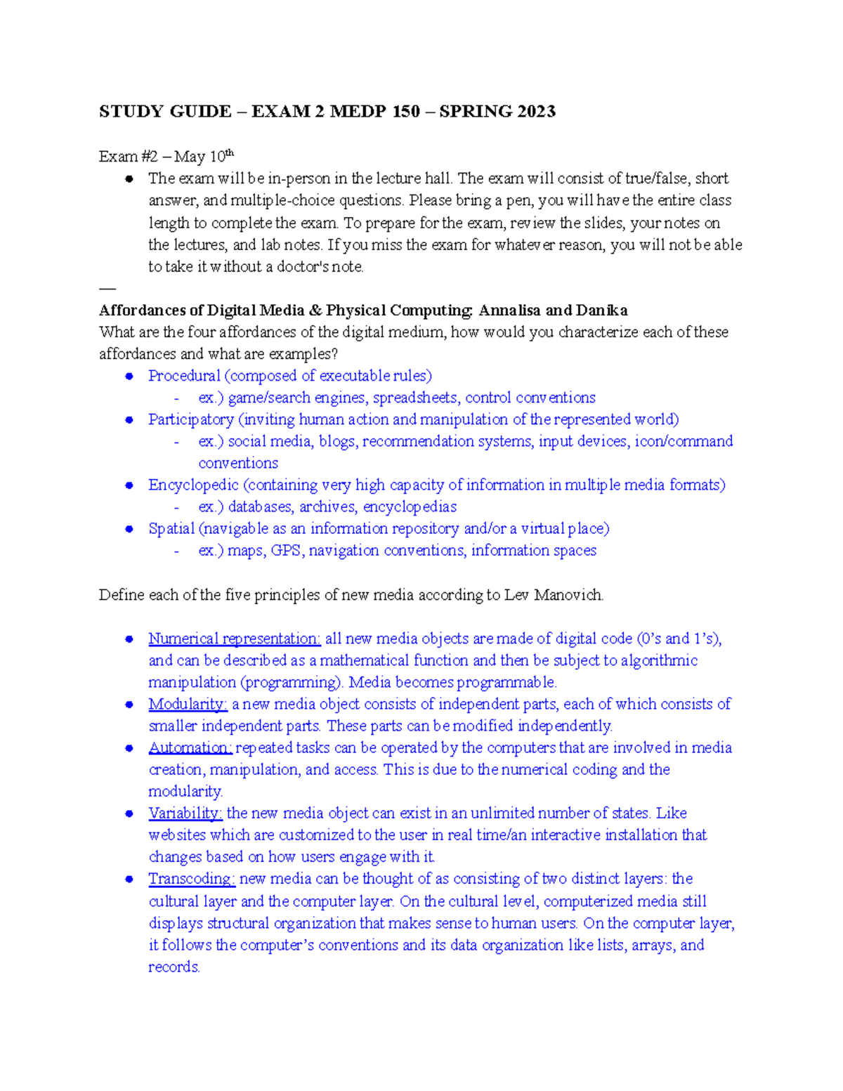 Exam 2 Study Guide 3 30 lab - STUDY GUIDE – EXAM 2 MEDP 150 – SPRING ...