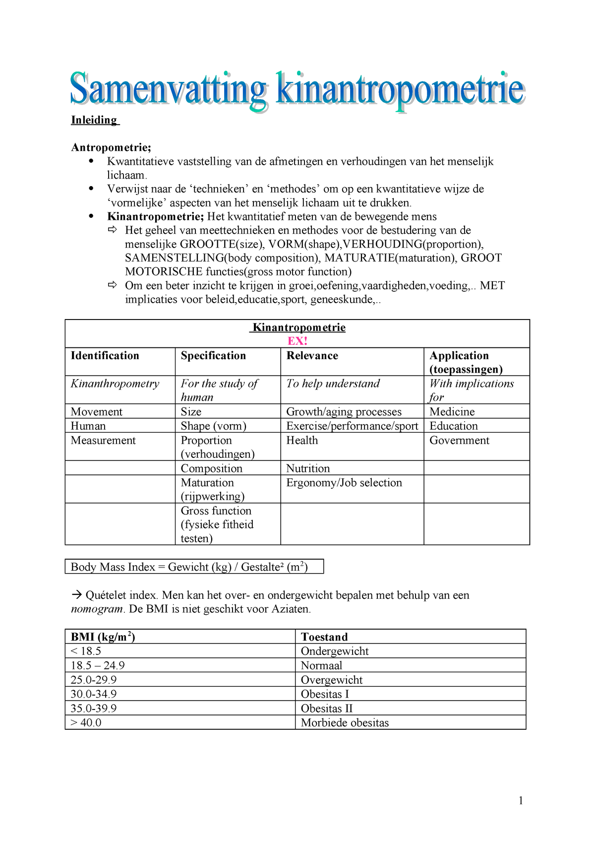 Samenvatting Compleet Deel 1 Kinantropometrie L00b1a Studocu