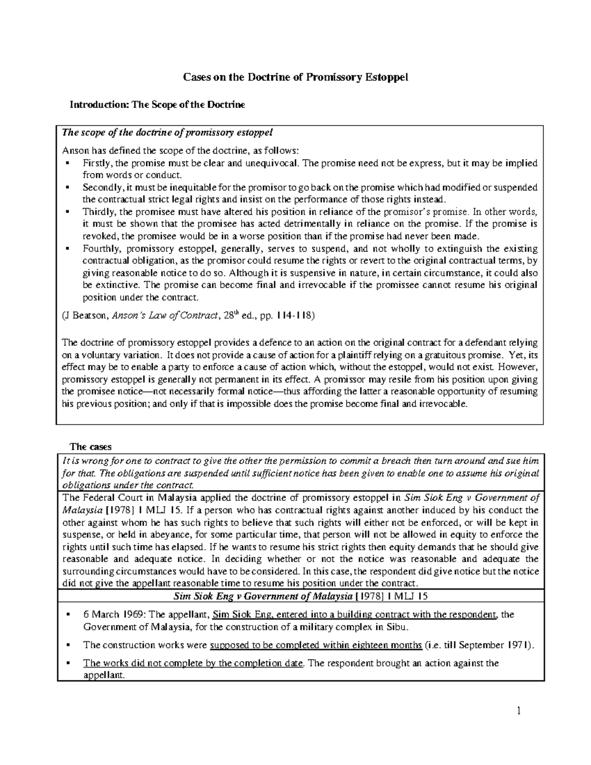 Cases on Promissory Estoppel Cases on the Doctrine of Promissory