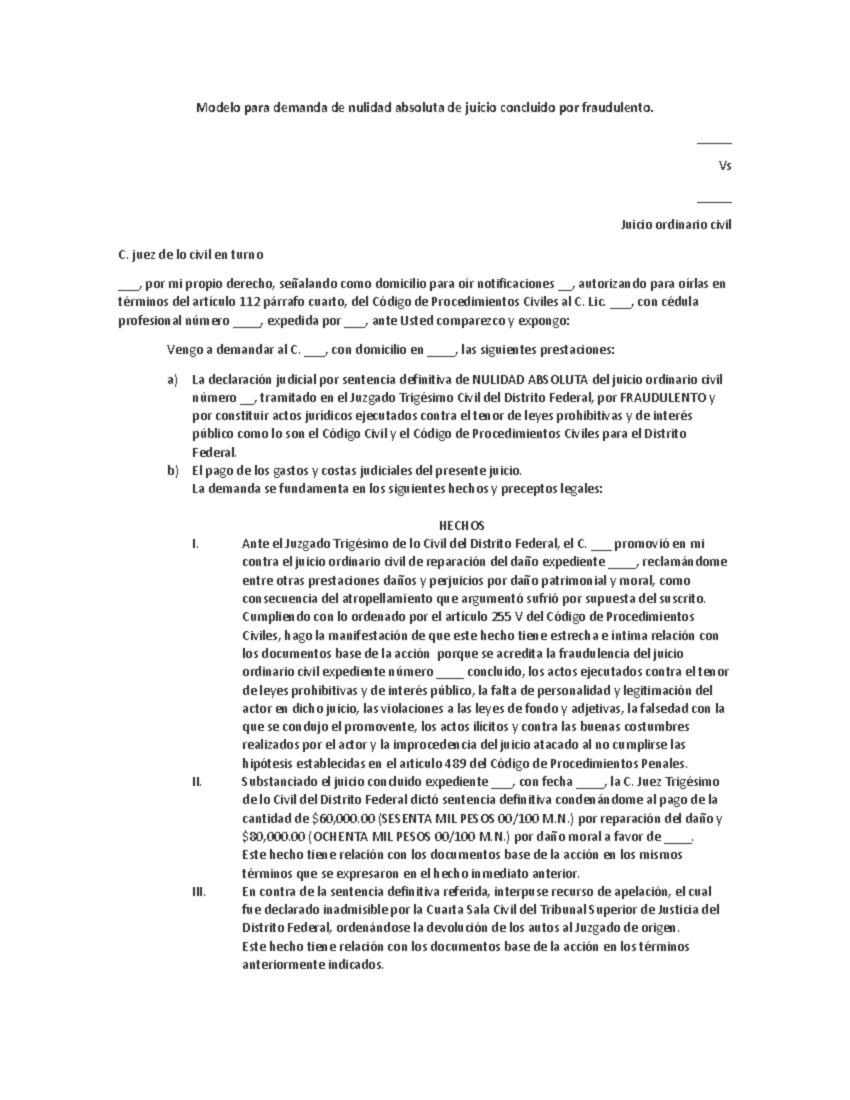 Modelo Juicio DE Nulidad DE COSA Juzgada - Modelo para demanda de ...