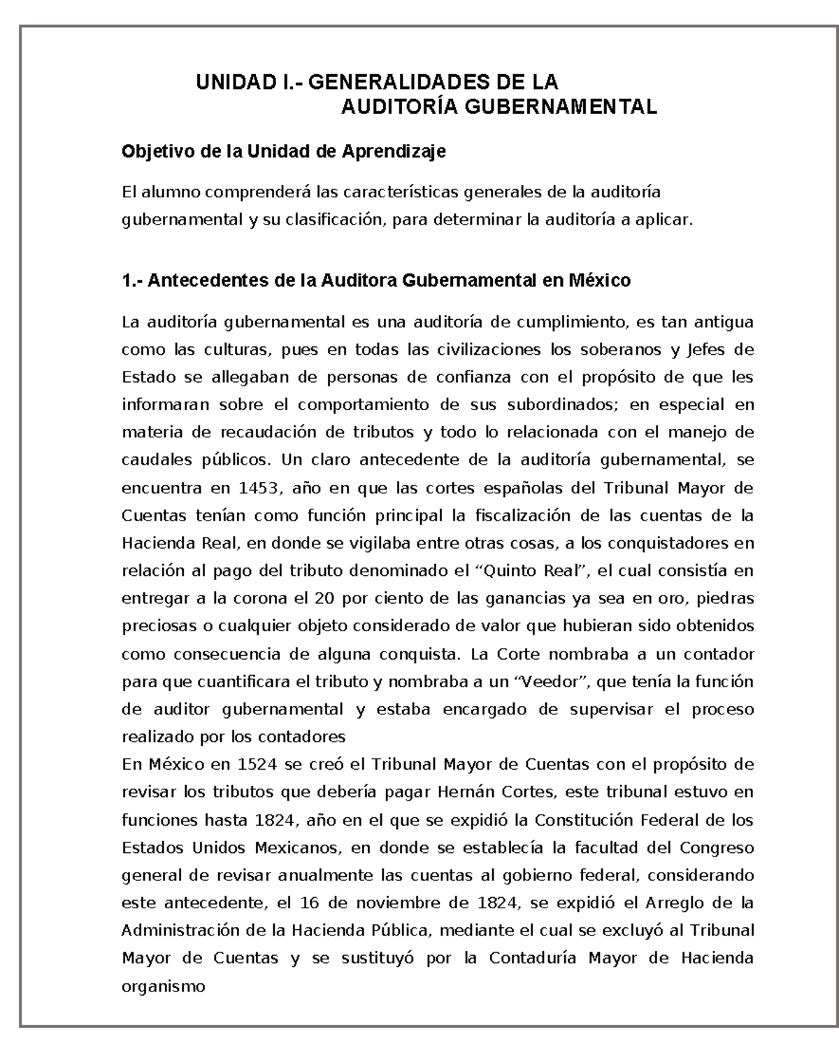Unidad 1 Auditoria Gubernamental - UNIDAD I.- GENERALIDADES DE LA ...
