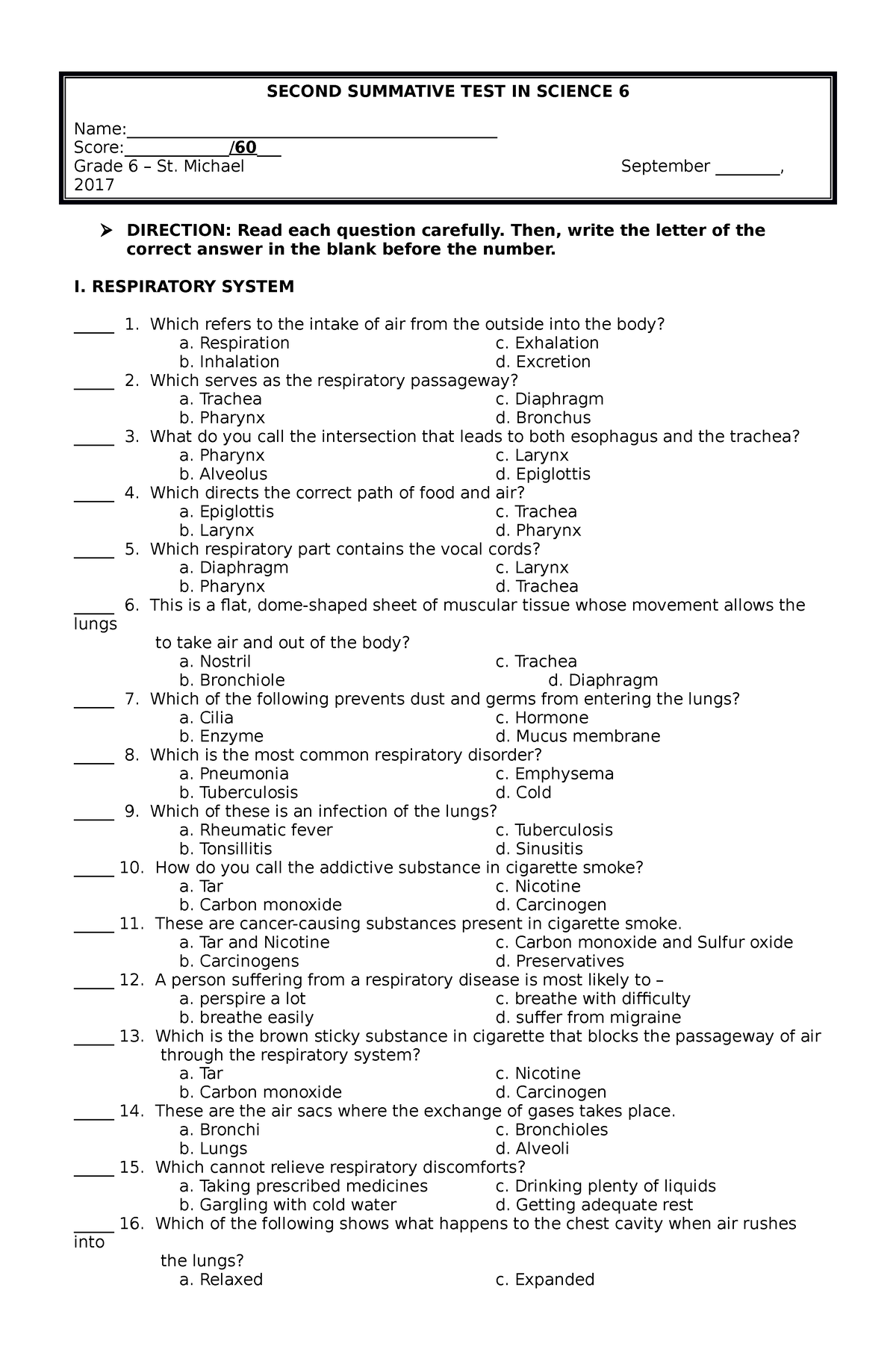 Science 6 - SECOND SUMMATIVE TEST IN SCIENCE 6 Name