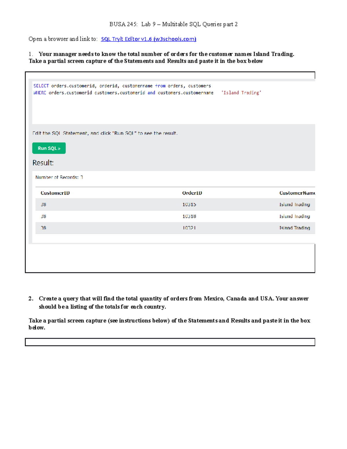 Lab 8 Multitable SQL Part 2 Using The W3schools Test Site Upload - BUSA ...