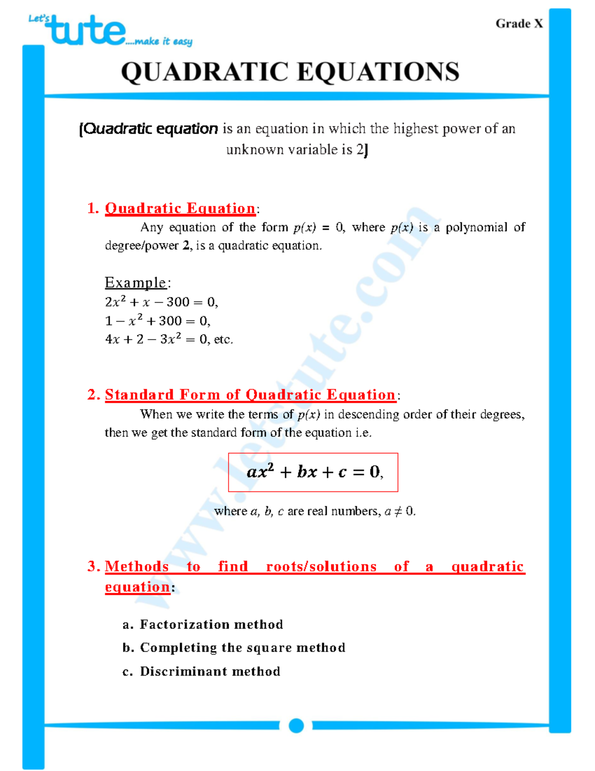 04+-+Quadratic+equation+-+Summary - (Quadratic equation is an equation ...