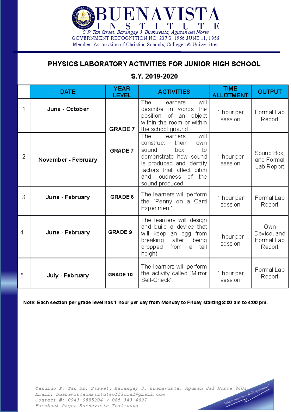 Physics Laboratory Calendar OF Activities PHYSICS LABORATORY