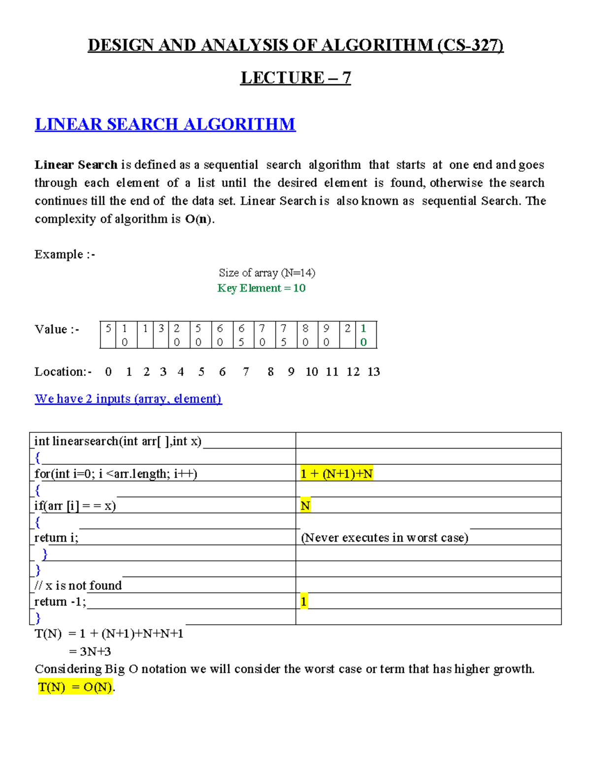 Lecture 7 linear search 1 - DESIGN AND ANALYSIS OF ALGORITHM (CS-327 ...