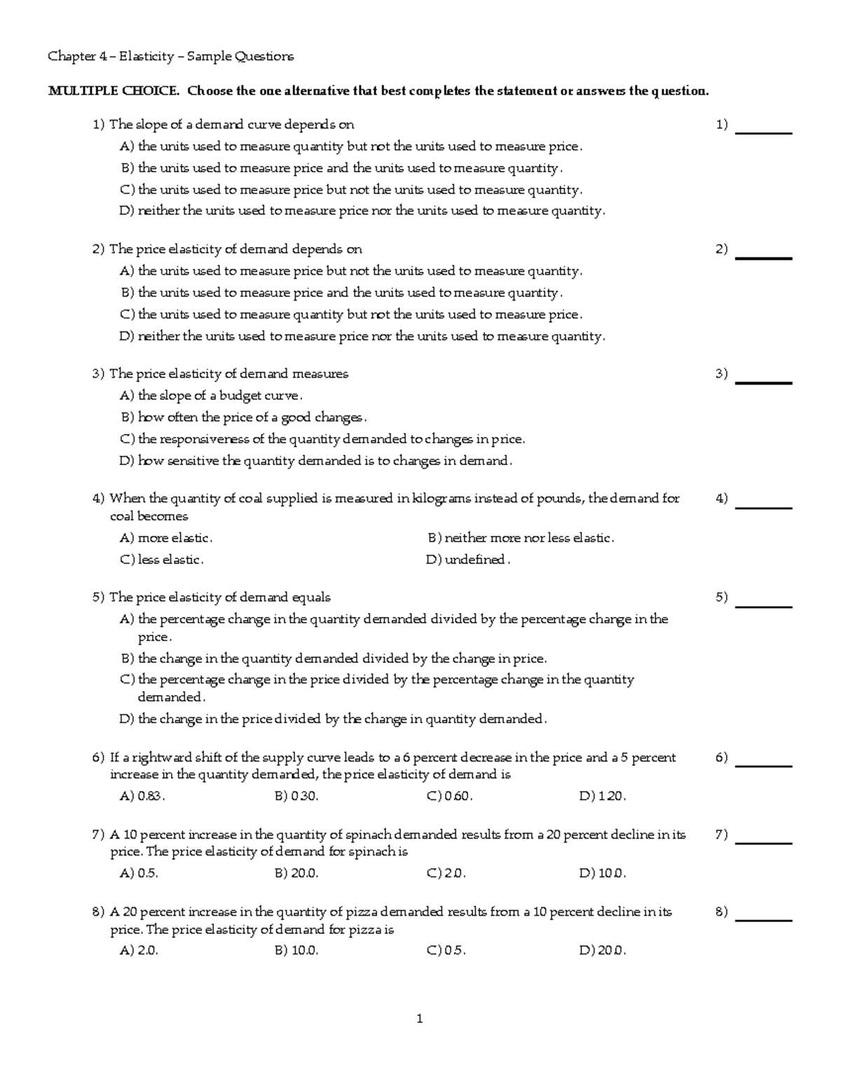 Chap 4 mc - Multiple Choice chapter 4 - Chapter 4 - Elasticity - Sample ...