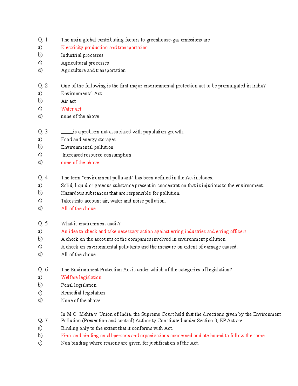 Environmental law MCQ - Q. 1 The main global contributing factors to ...