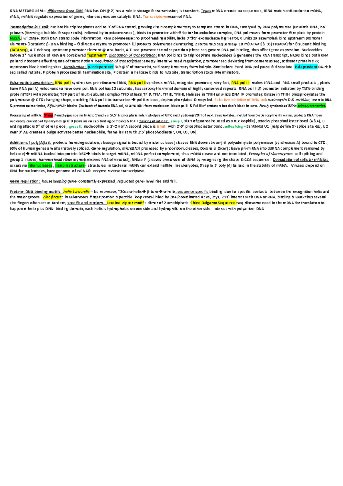 Exam-cheat-sheet-ac - Notes to take into exam - RNA METABOLISM ...