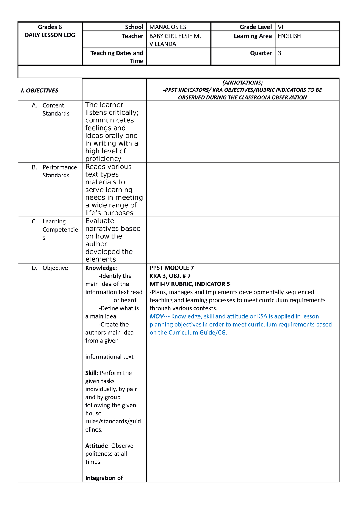 Cot in english 3rd quarter (Autosaved) - Grades 6 DAILY LESSON LOG ...