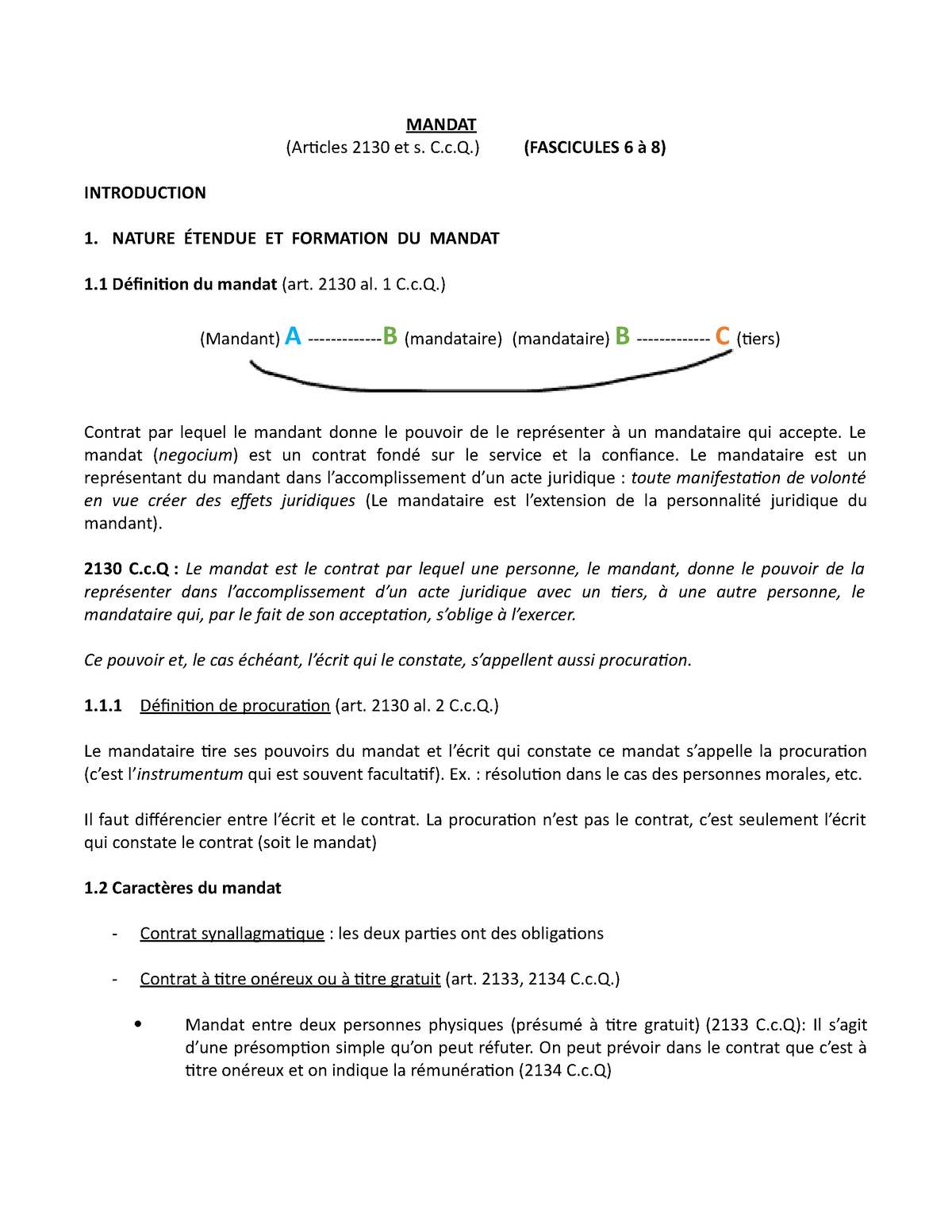 Notes De Cours Mandat Mandat Articles 2130 Et S C C Fascicules 6 A 8 Introduction 1 Nature Studocu
