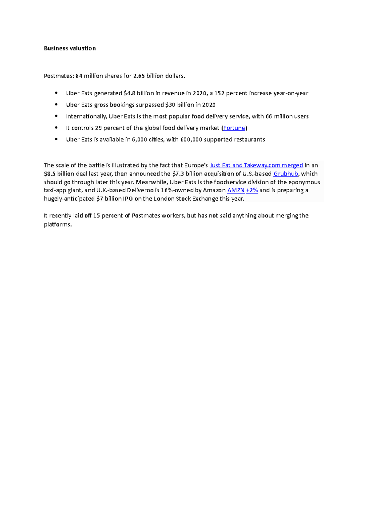 Business valuation my task Business valuation Postmates 84 million