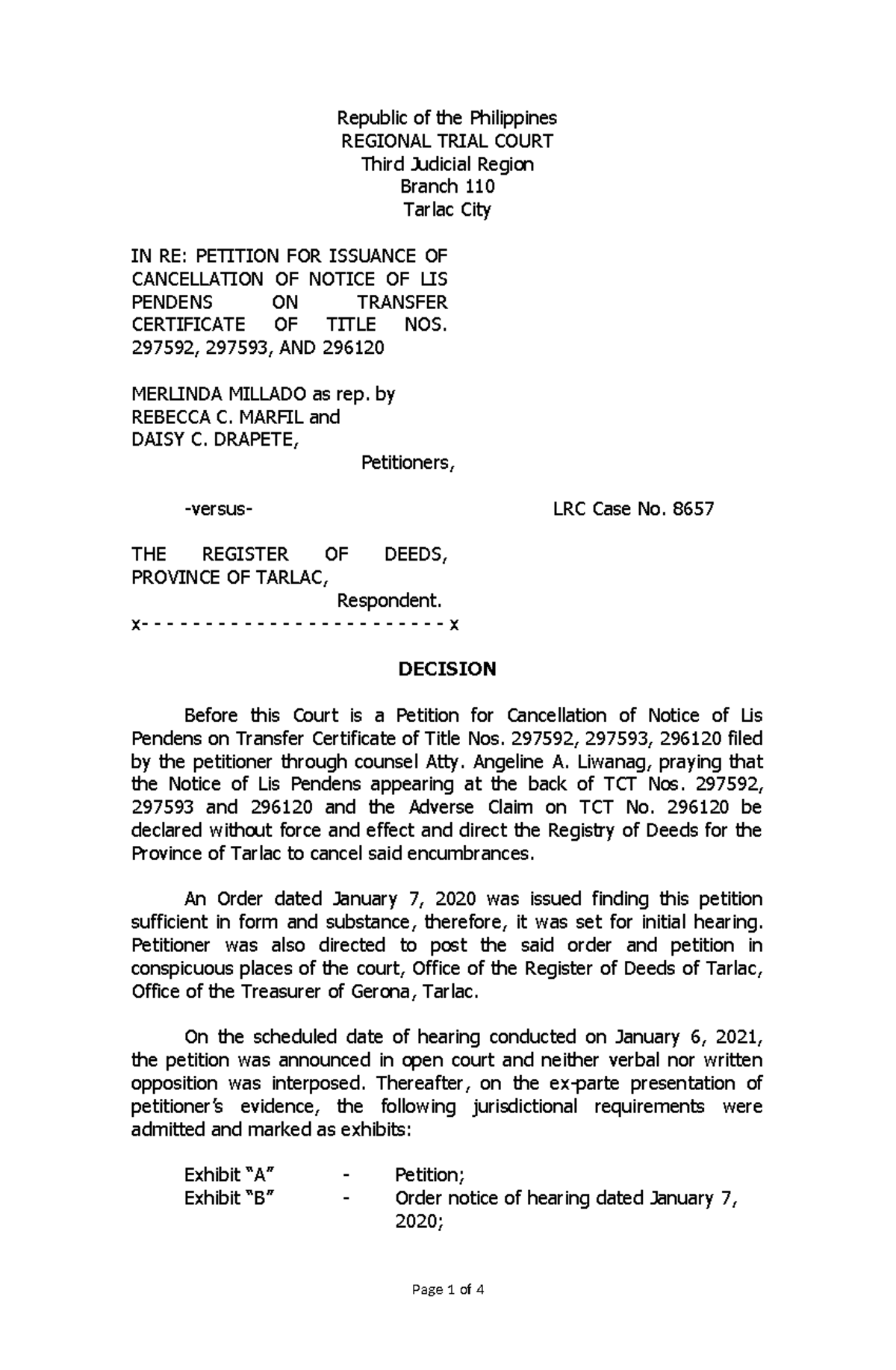 Cancellation of Lis Pendens and Adverse Claim - Republic of the ...
