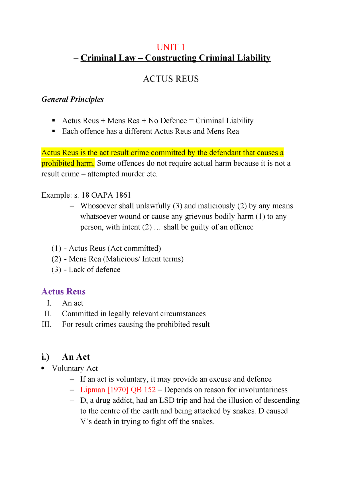 UNIT 1 - Criminal Actus Reus - UNIT 1 – Criminal Law – Constructing ...