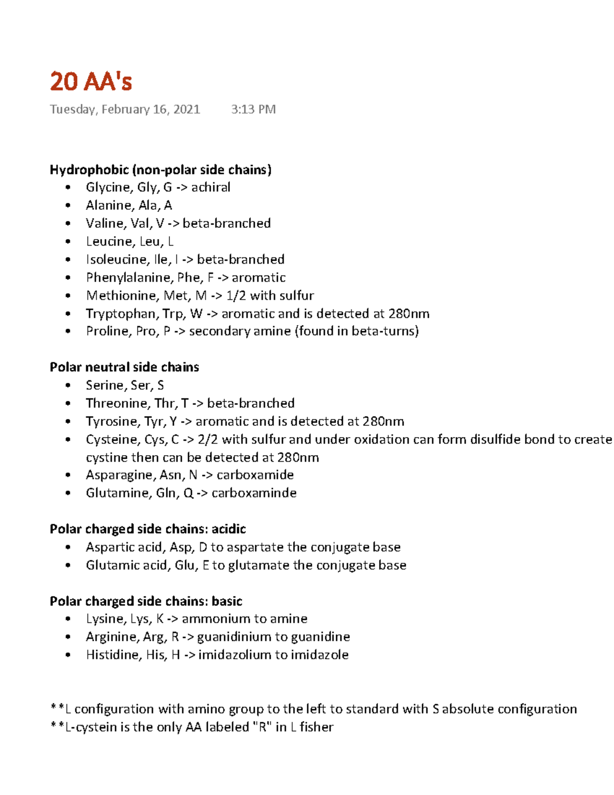 S Lecture Notes 1 Hydrophobic Non Polar Side Chains Glycine Gly G Gt Achiral Studocu