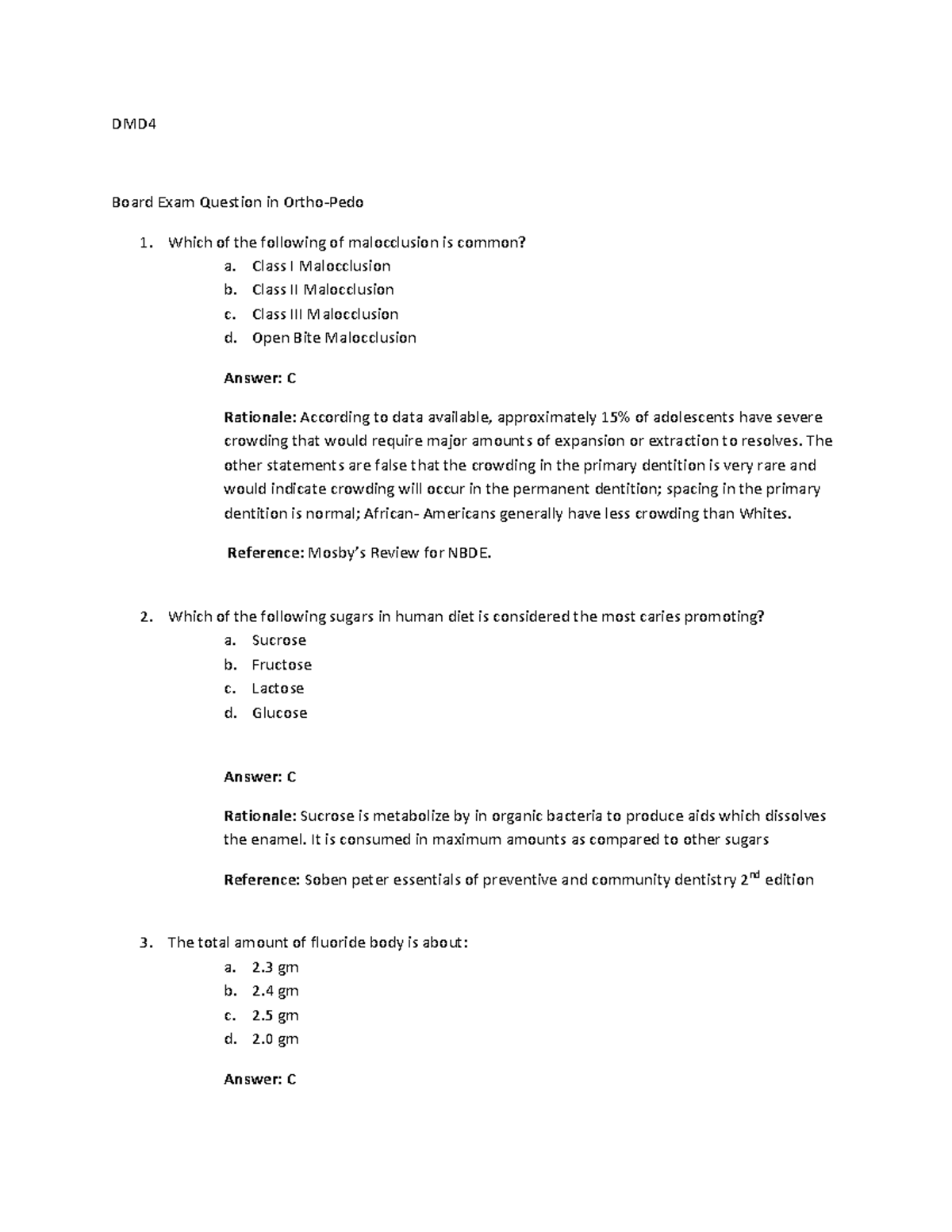 OrthoPEDO Q&A 6 Question and answer with rationale DMD Board Exam