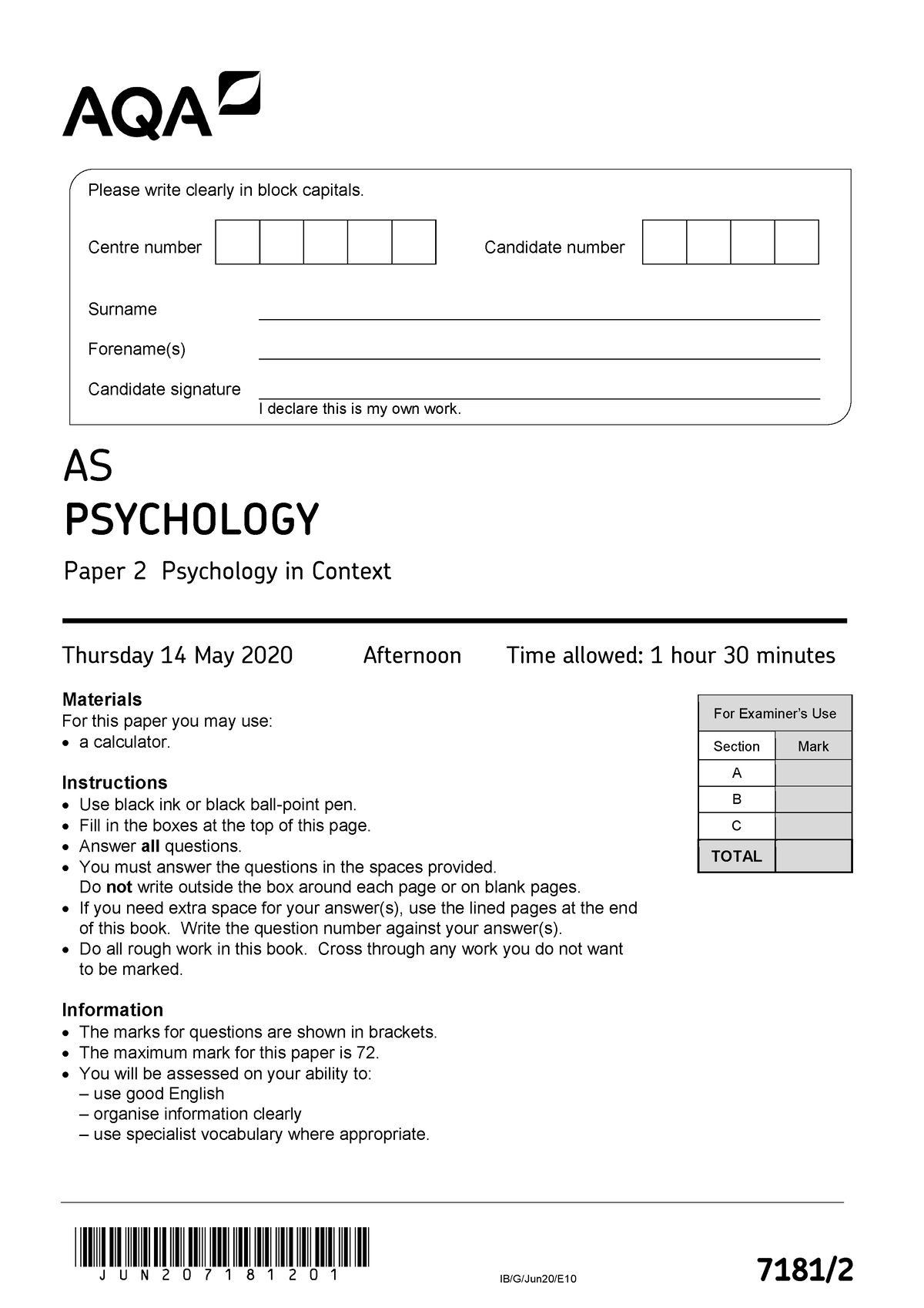 June 2020 QP - Paper 2 AQA Psychology AS-level - JUN207181201 IB/G ...