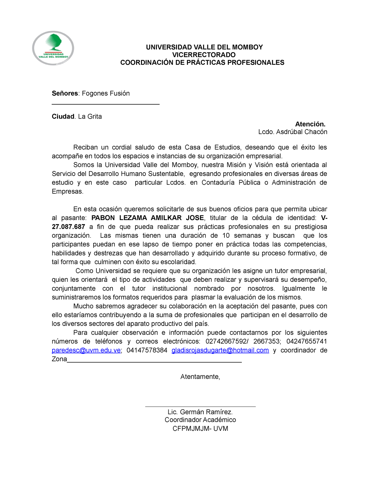 Carta Pasantías Uvm Ya Impresa Universidad Valle Del Momboy Vicerrectorado CoordinaciÓn De 3708