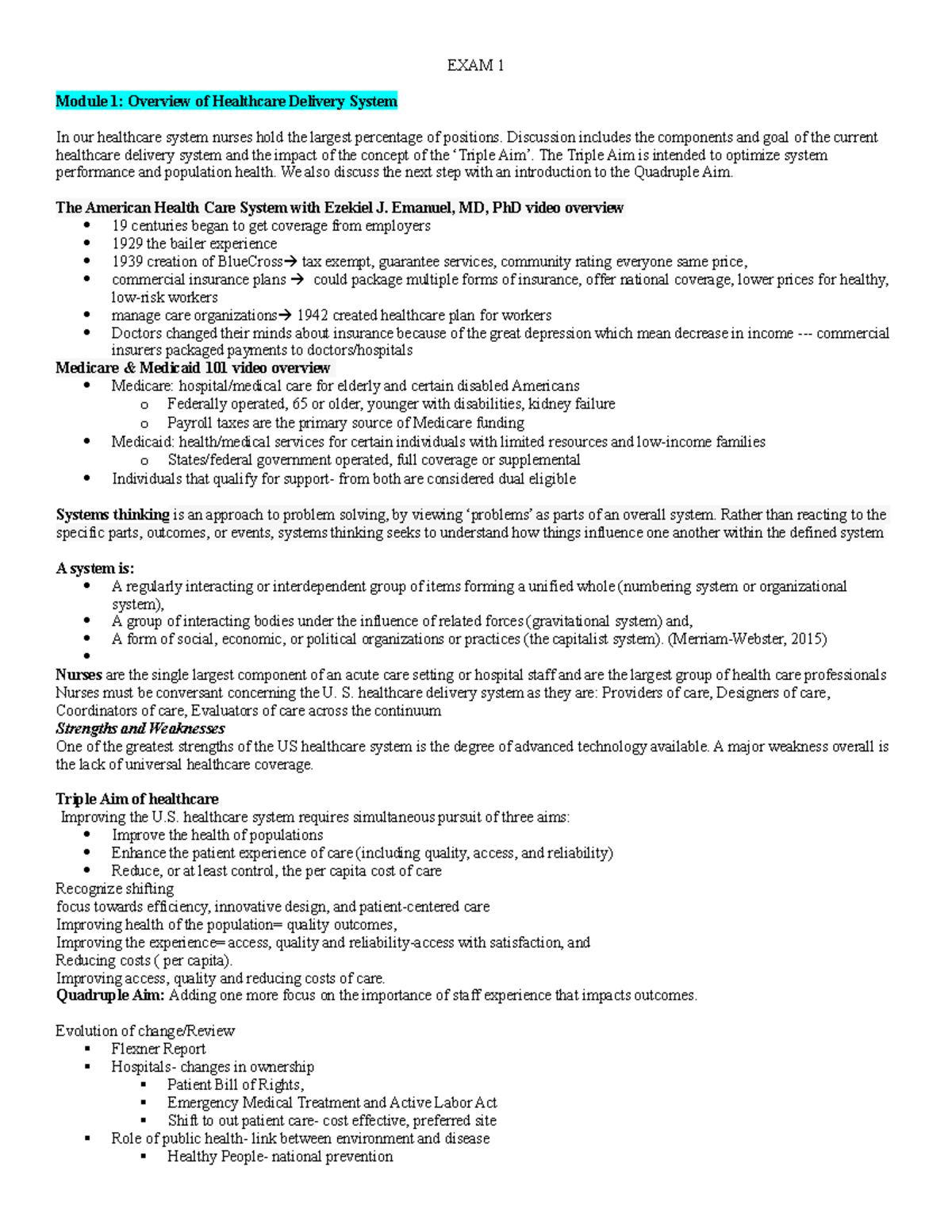 EXAM 1 informatics - EXAM 1 Module 1: Overview of Healthcare Delivery ...