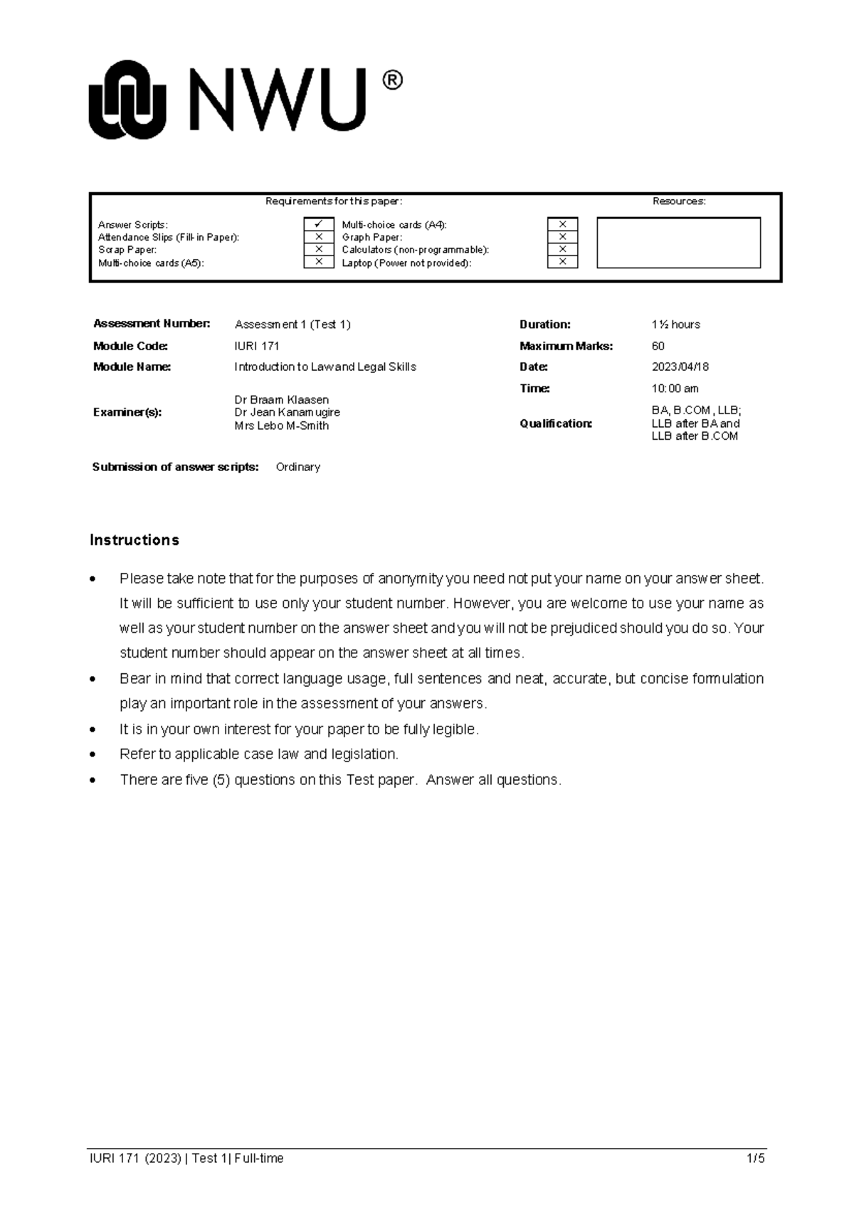 2023 - Test 1 - IURI 171 - Requirements for this paper: Resources ...