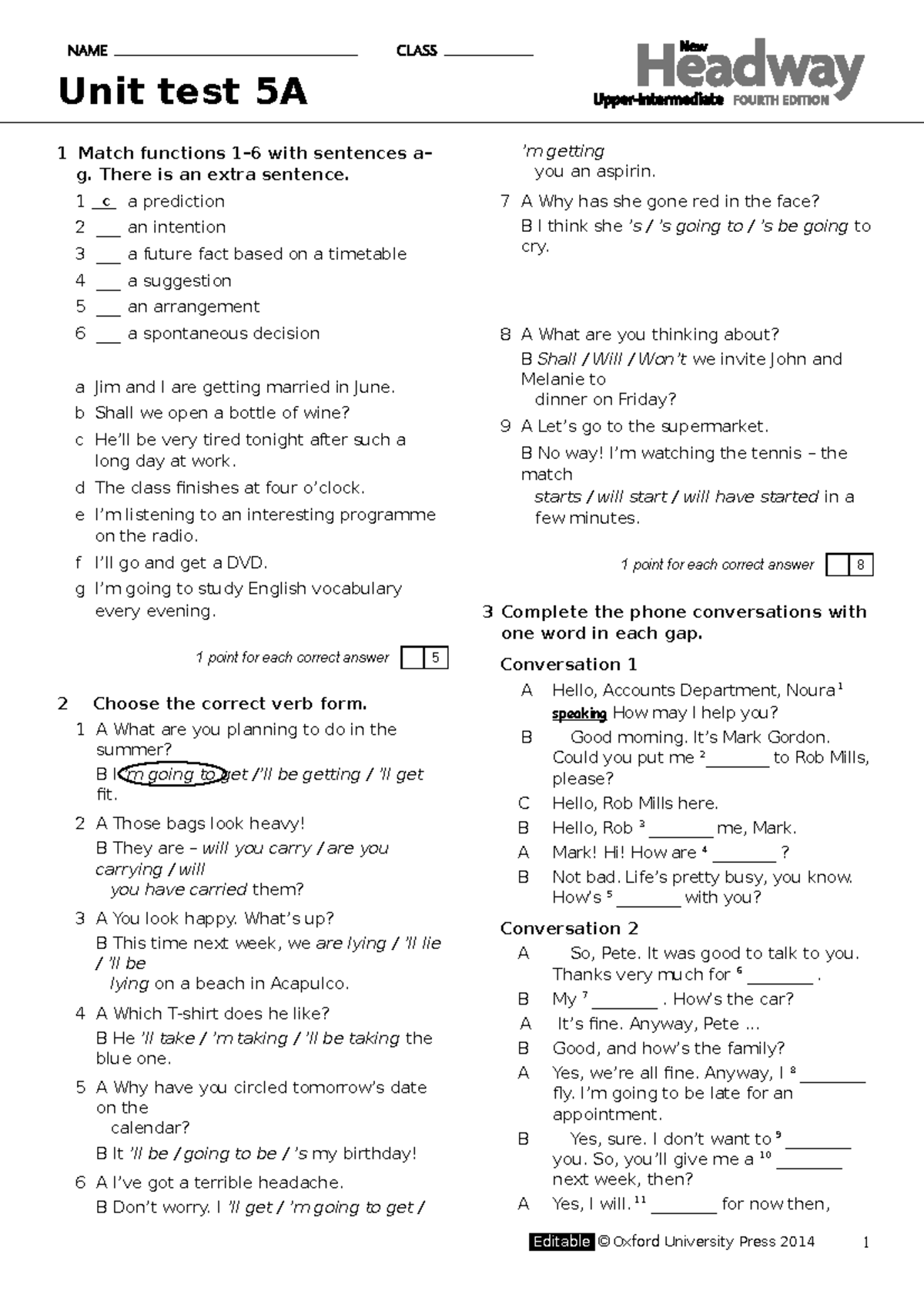 Upp Int Unit 5A - Futuer Tenses - Unit test 5A 1 Match functions 1–6 ...
