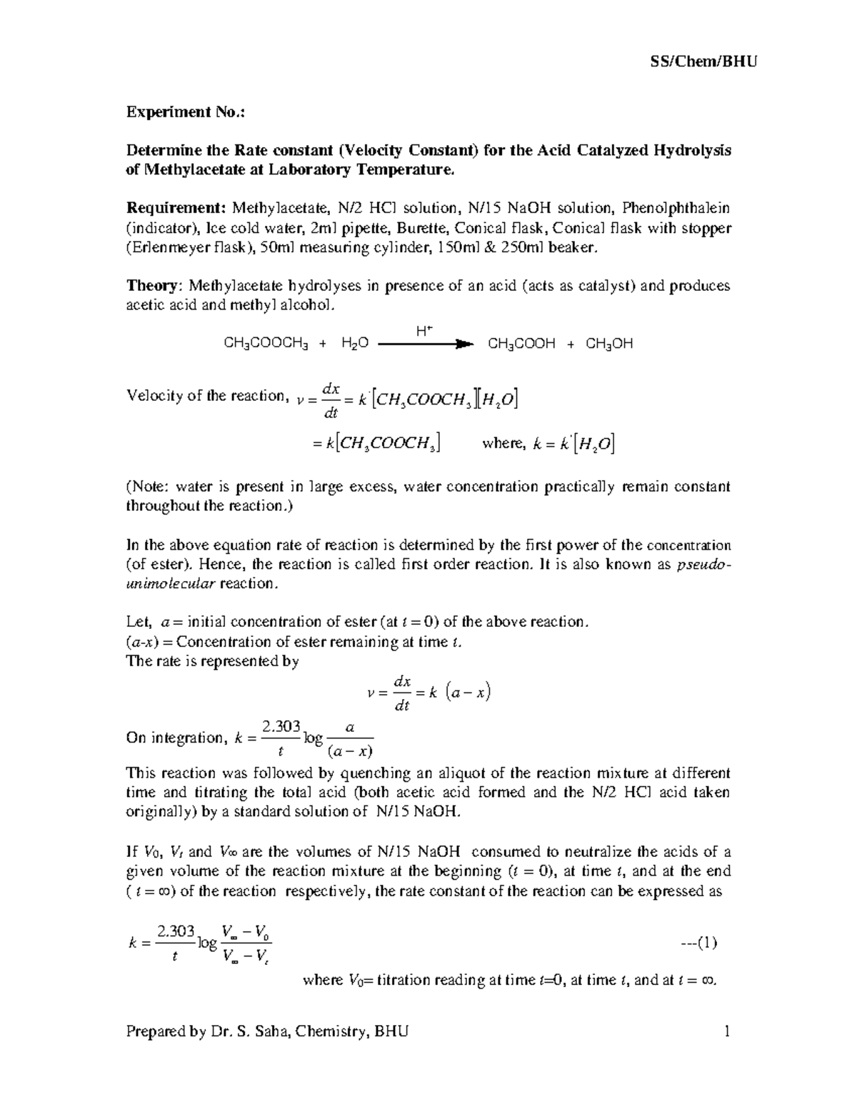 B.Sc. 1st yearEsterhydrolysisPracticalSSaha Experiment No