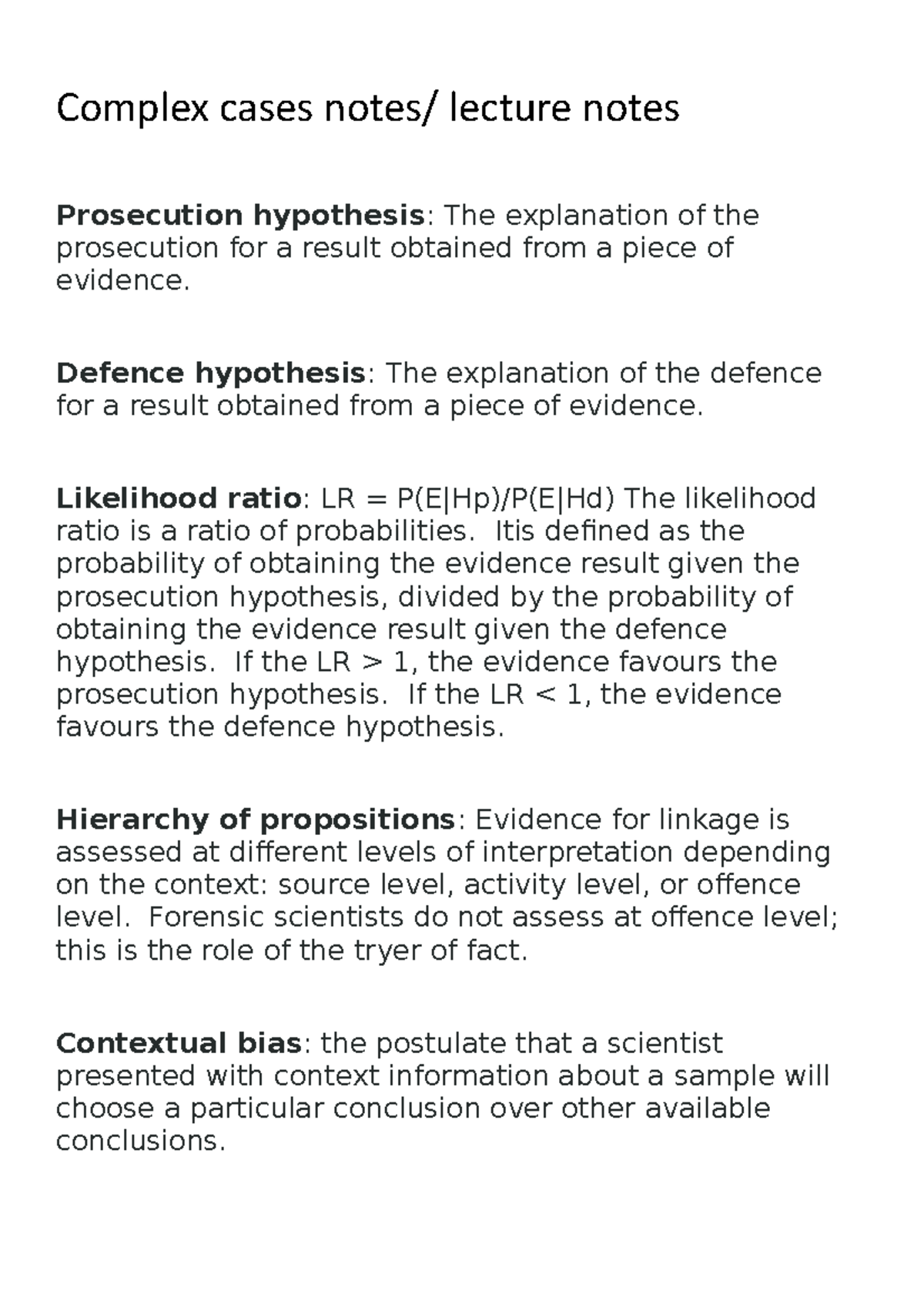 Complex cases notes - ####### Defence hypothesis: The explanation of ...