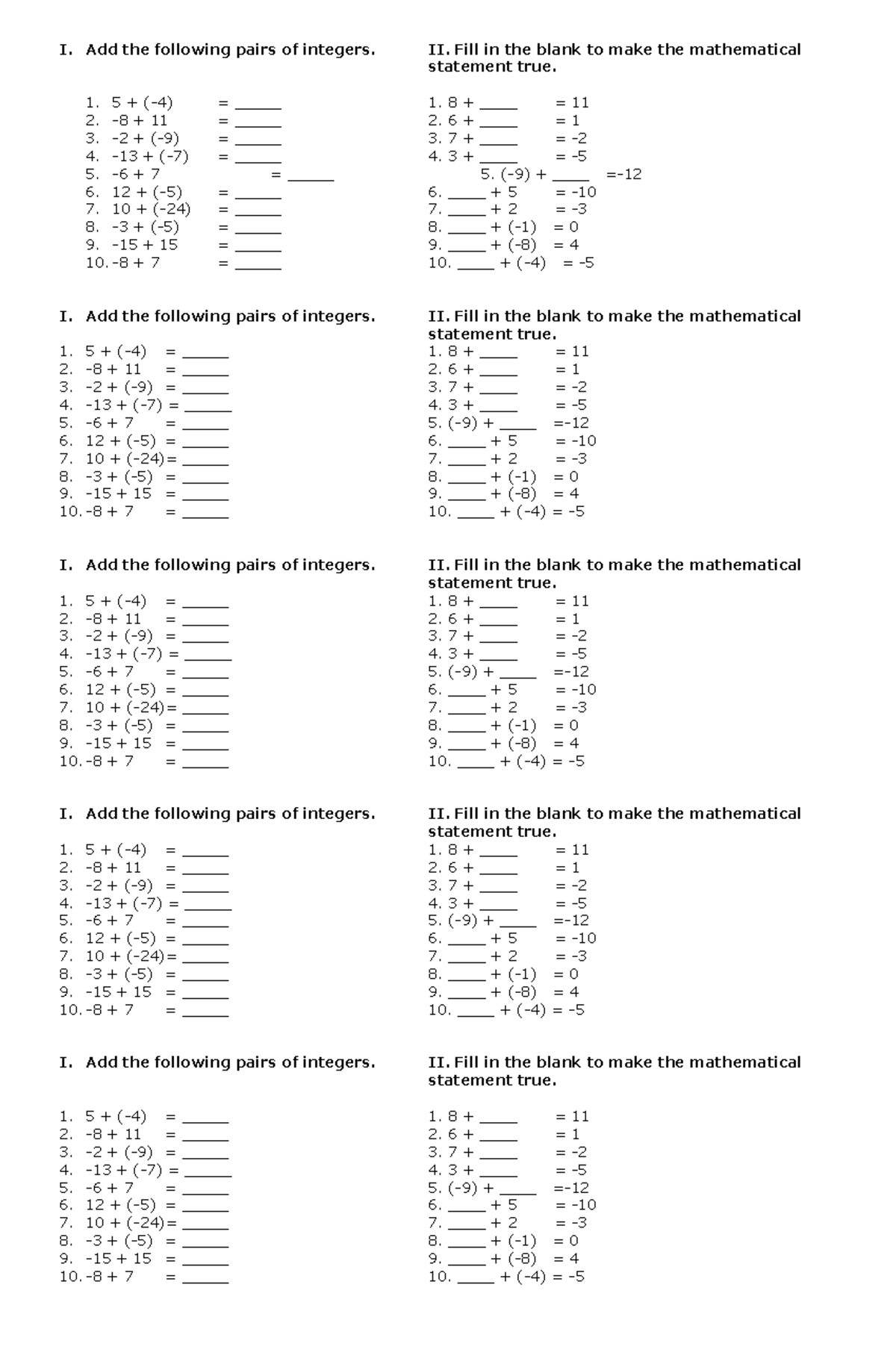 Add integers quiz - Math Practice - I. Add the following pairs of ...