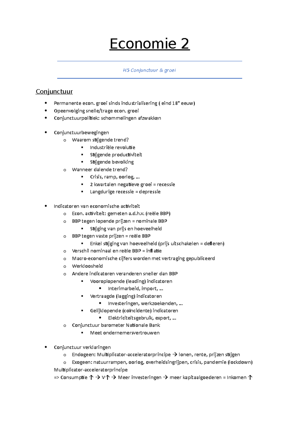 Economie 2 - Samenvatting - Economie 2 H5 Conjunctuur & Groei ...