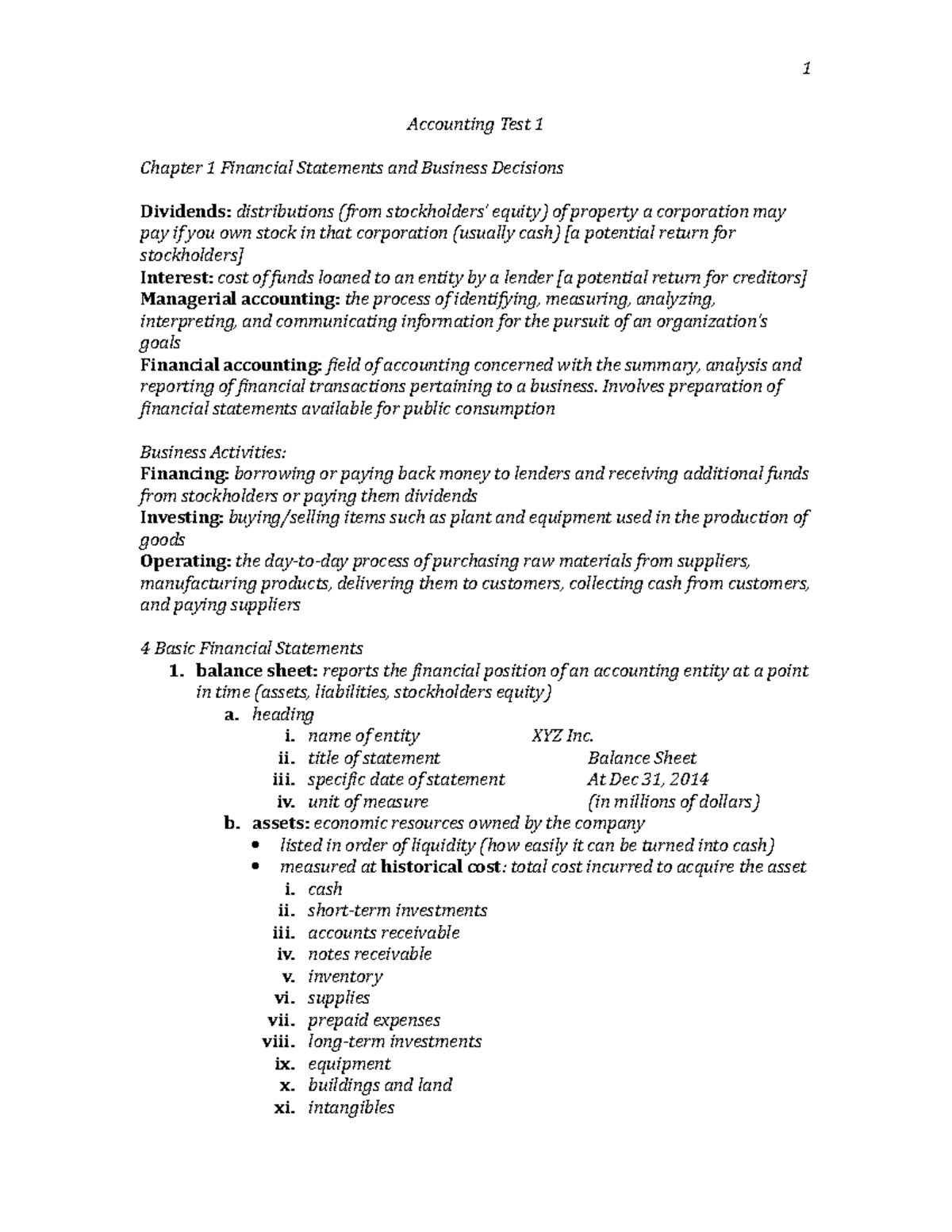 Test 1 Study Guide - 1 Accounting Test 1 Chapter 1 Financial Statements ...