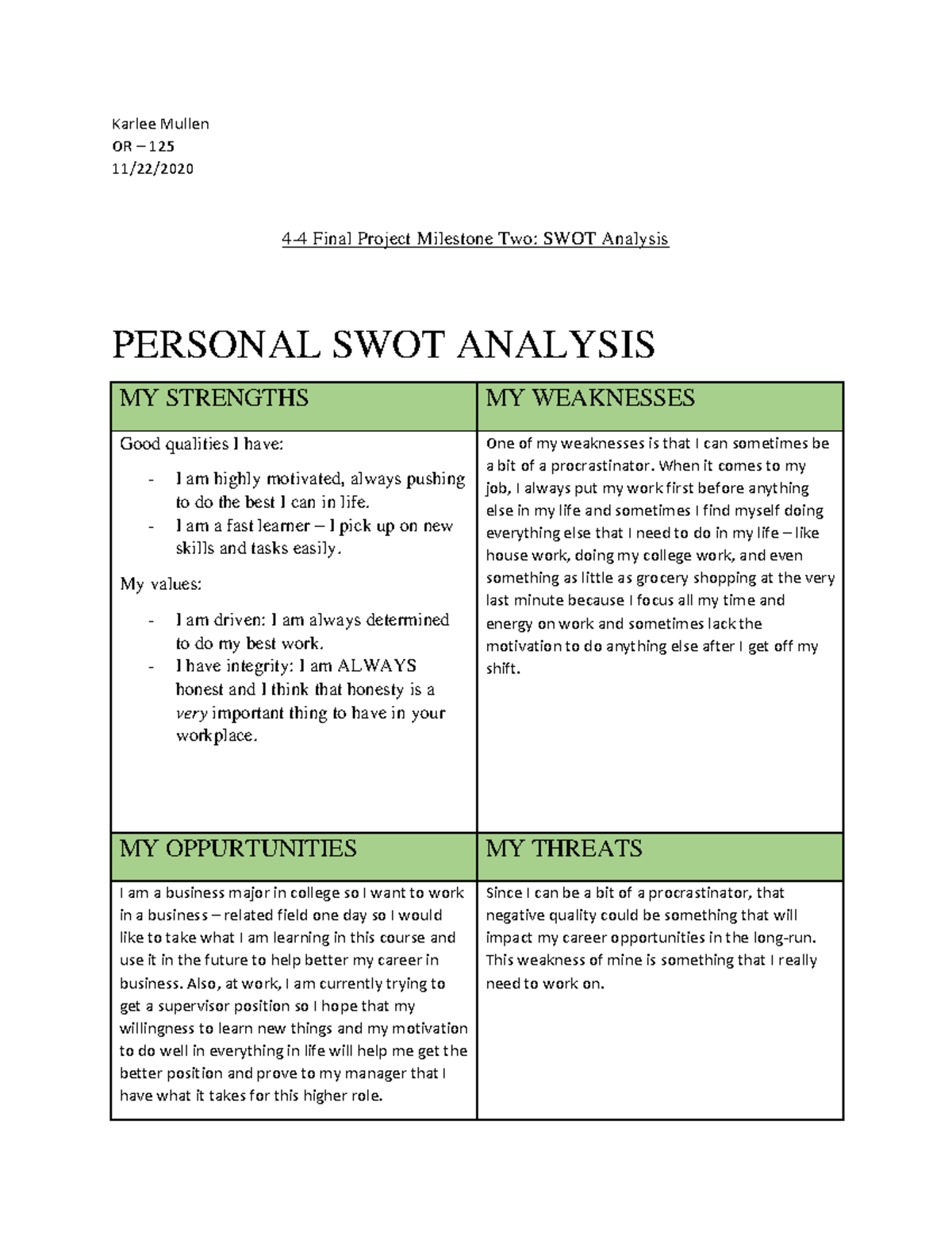 Swot analysis or 125 final project 2 - Karlee Mullen OR – 125 11/22/ 4 ...