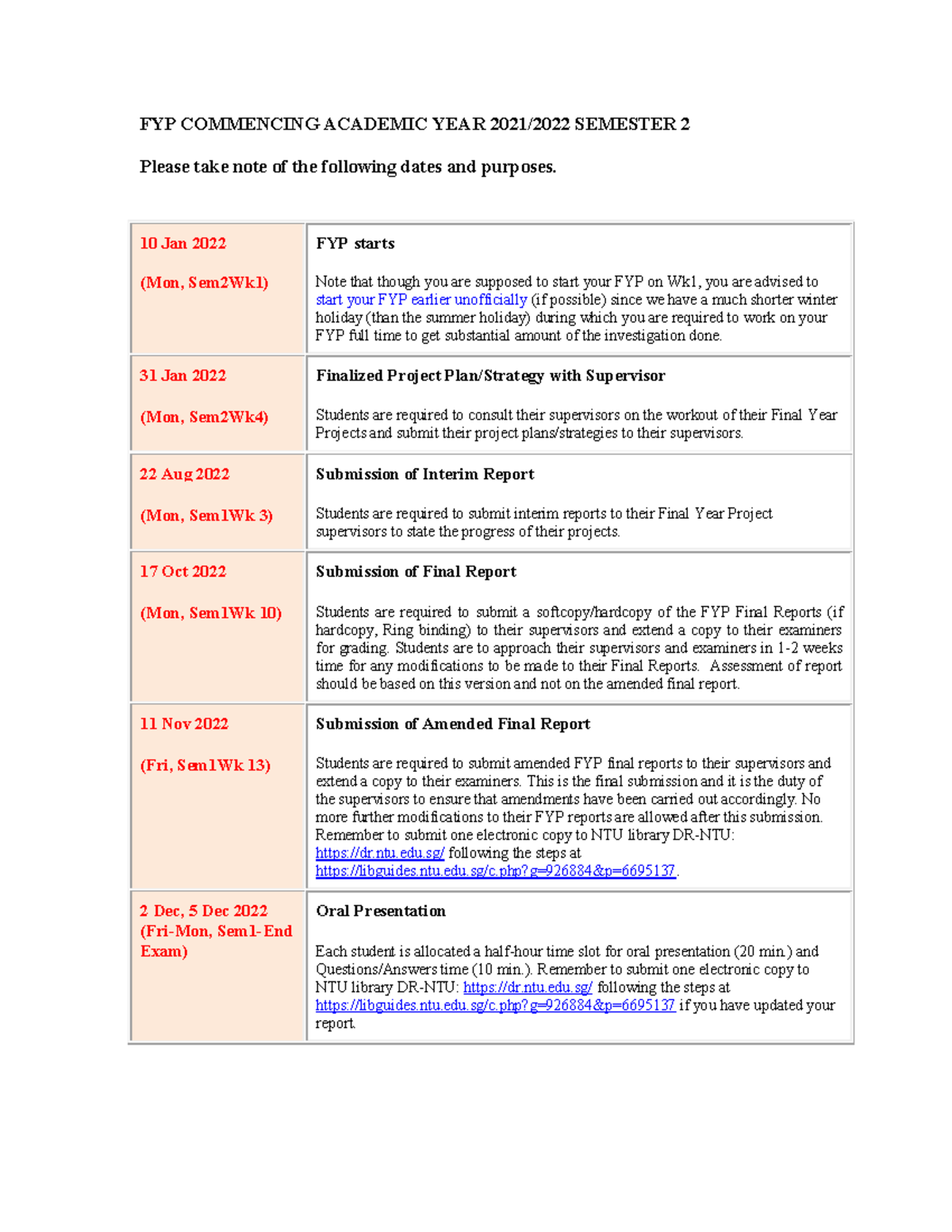 Dates of Commencement for FYP - EE4761 - NTU - Studocu